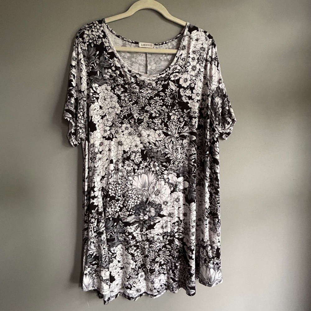 LARACE Women Black White Floral Short Sleeve Tunic Top Plus Size 5X